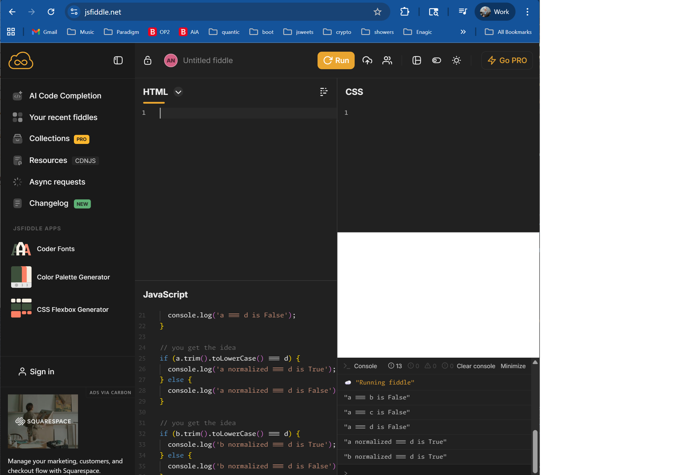 Picture of Code Example Running in a jsfiddle.net browser page